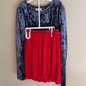 Chic Velvet Top and Red Pleated Skirt Set